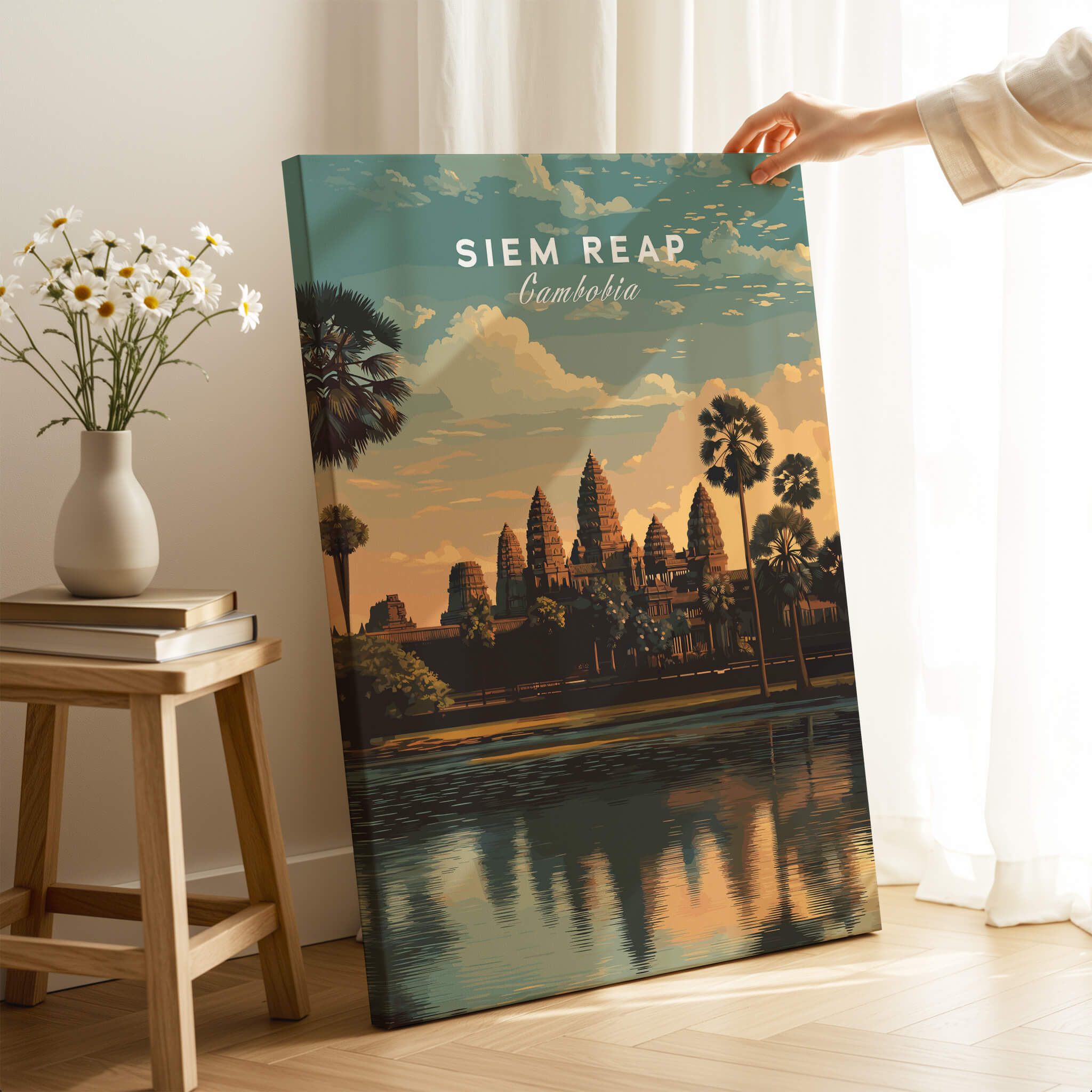 Siem Reap Poster Cambodia | Angkor Wat Temple Wall Art Print displayed in a cozy living room setting.