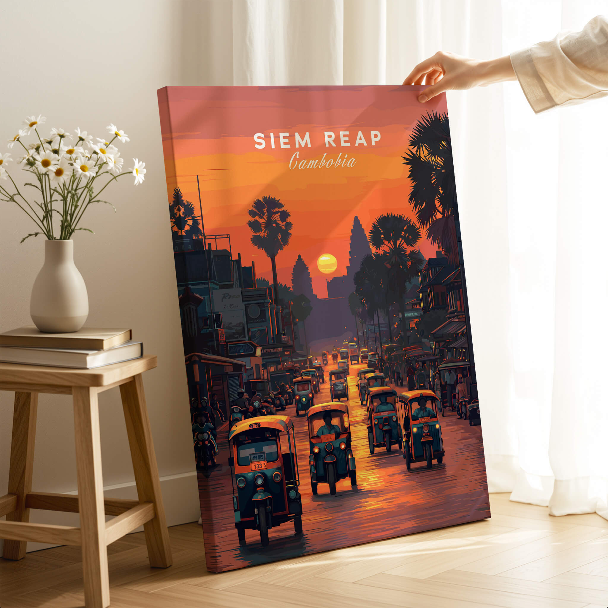 Siem Reap Wall Art Print | Cambodia Sunset Street Scene Travel Poster showcasing vibrant street life during sunset.