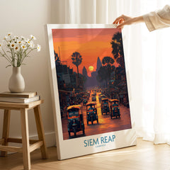 Siem Reap Poster | Bustling Tuk Tuk Cambodia Cityscape Canvas Print showcasing tuk tuks against a sunset backdrop.