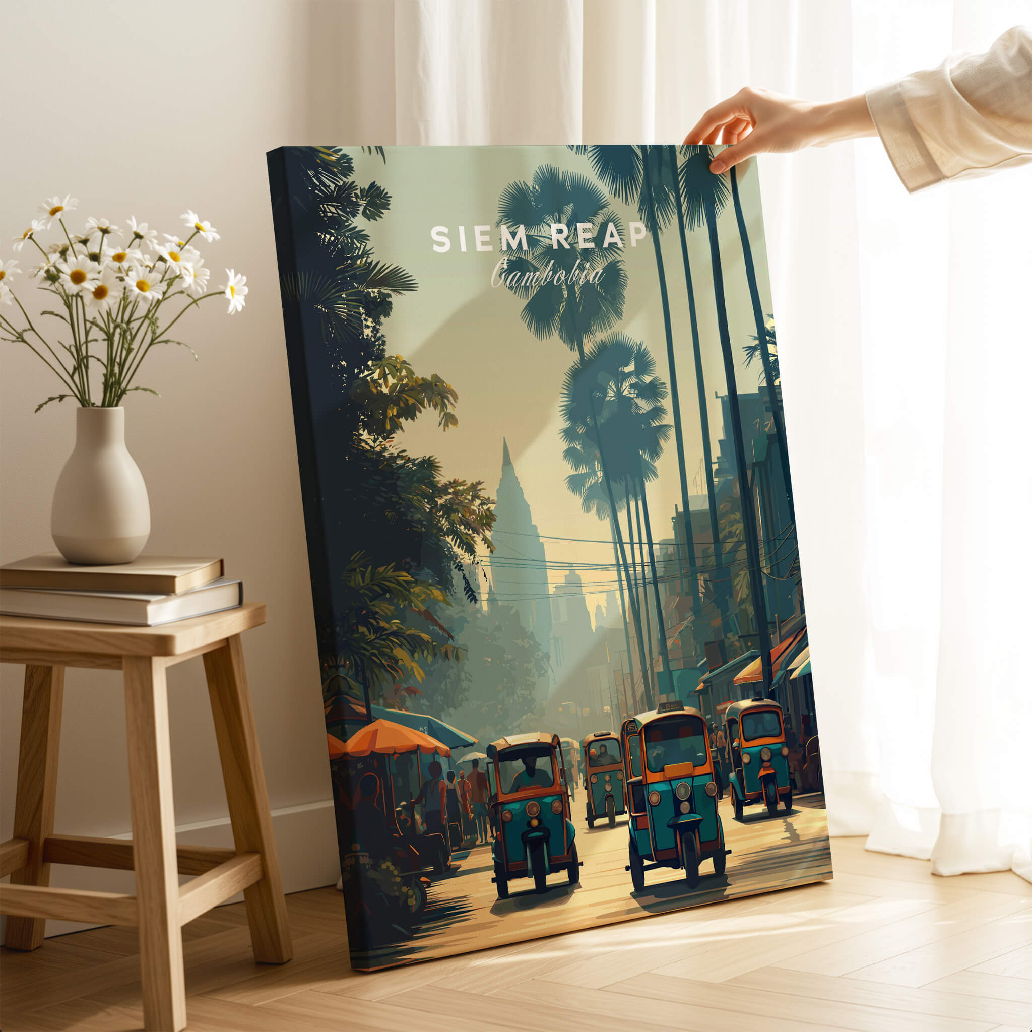 Siem Reap Cambodia Travel Poster | Tropical Town Street Wall Art Print featuring tuk-tuks on a vibrant street.