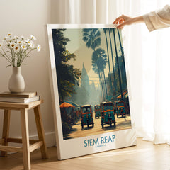 Siem Reap Cambodia Print | Canvas Poster featuring vibrant street scenes and tuk tuks in a scenic urban setting.