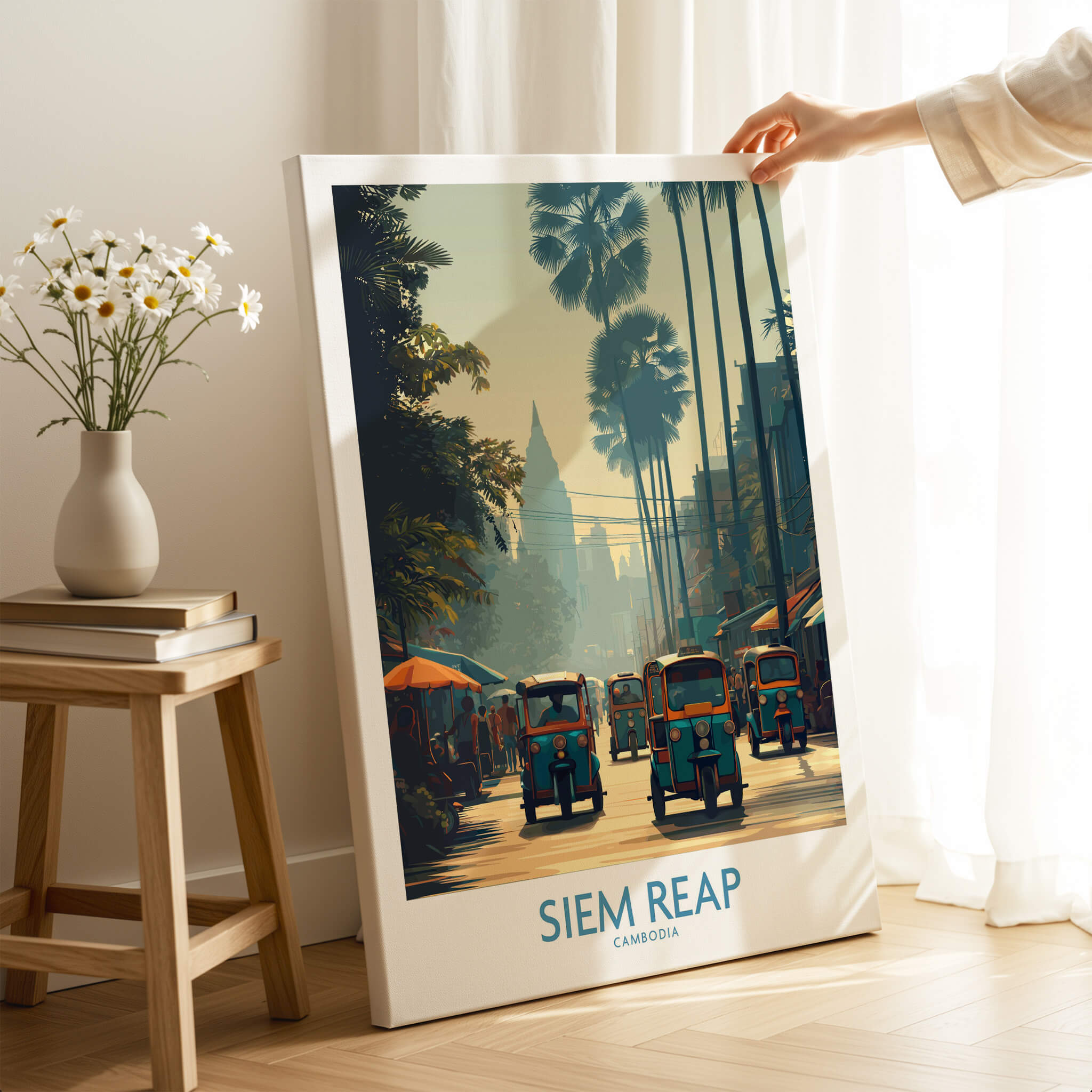 Siem Reap Cambodia Print | Canvas Poster featuring vibrant street scenes and tuk tuks in a scenic urban setting.