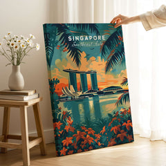 Singapore Wall Art Print - Southeast Asia Travel Poster featuring Marina Bay Sands surrounded by tropical plants.