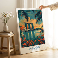Singapore Travel Poster - Southeast Asia featuring the iconic Marina Bay Sands and tropical landscape.