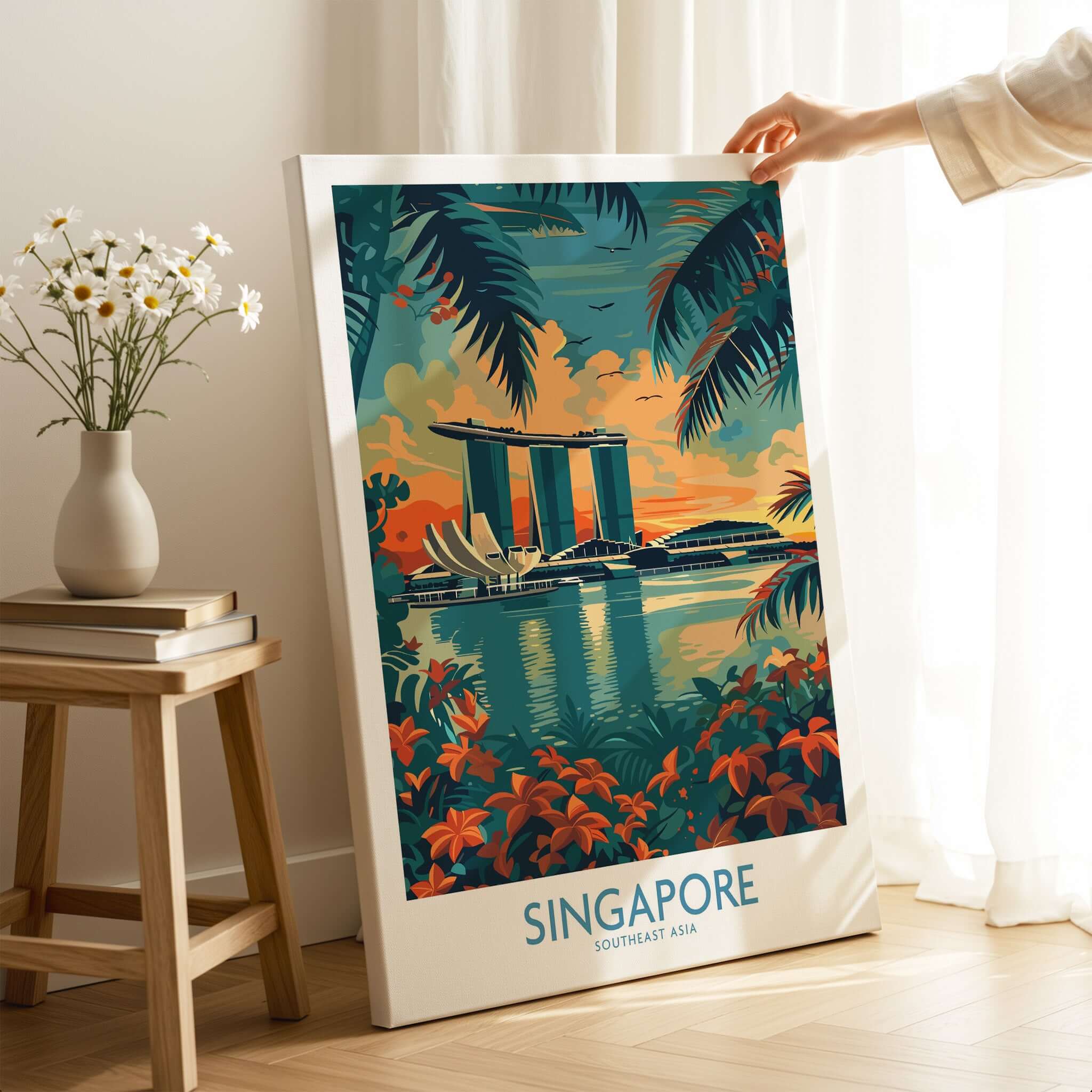 Singapore Travel Poster - Southeast Asia featuring the iconic Marina Bay Sands and tropical landscape.