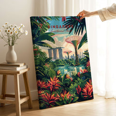 Singapore Marina Bay Poster showcasing vibrant tropical flora and iconic skyline of Singapore's Marina Bay.