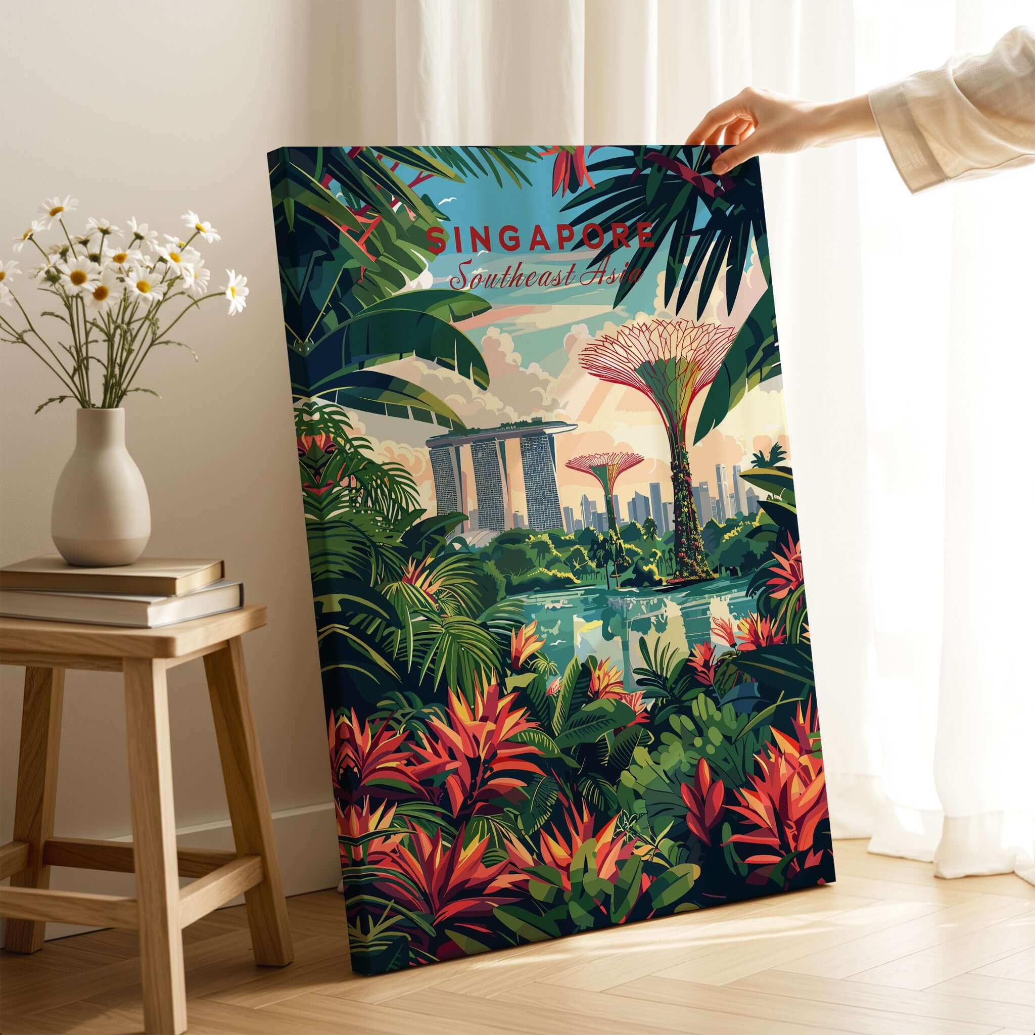 Singapore Marina Bay Poster showcasing vibrant tropical flora and iconic skyline of Singapore's Marina Bay.