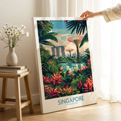 Singapore Gardens by the Bay Poster featuring vibrant tropical plants and iconic landmarks in Singapore.