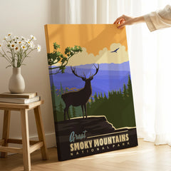 Smoky Mountains National Park canvas art with deer silhouette in modern room setting