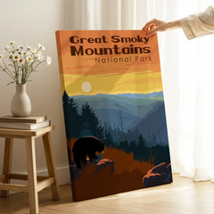Great Smoky Mountains National Park canvas print with sunrise and bear in cozy room setting