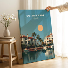 Sotogrande Spain Travel Poster | Luxury Marina & Boats Wall Art Print featuring a serene marina with modern villas.