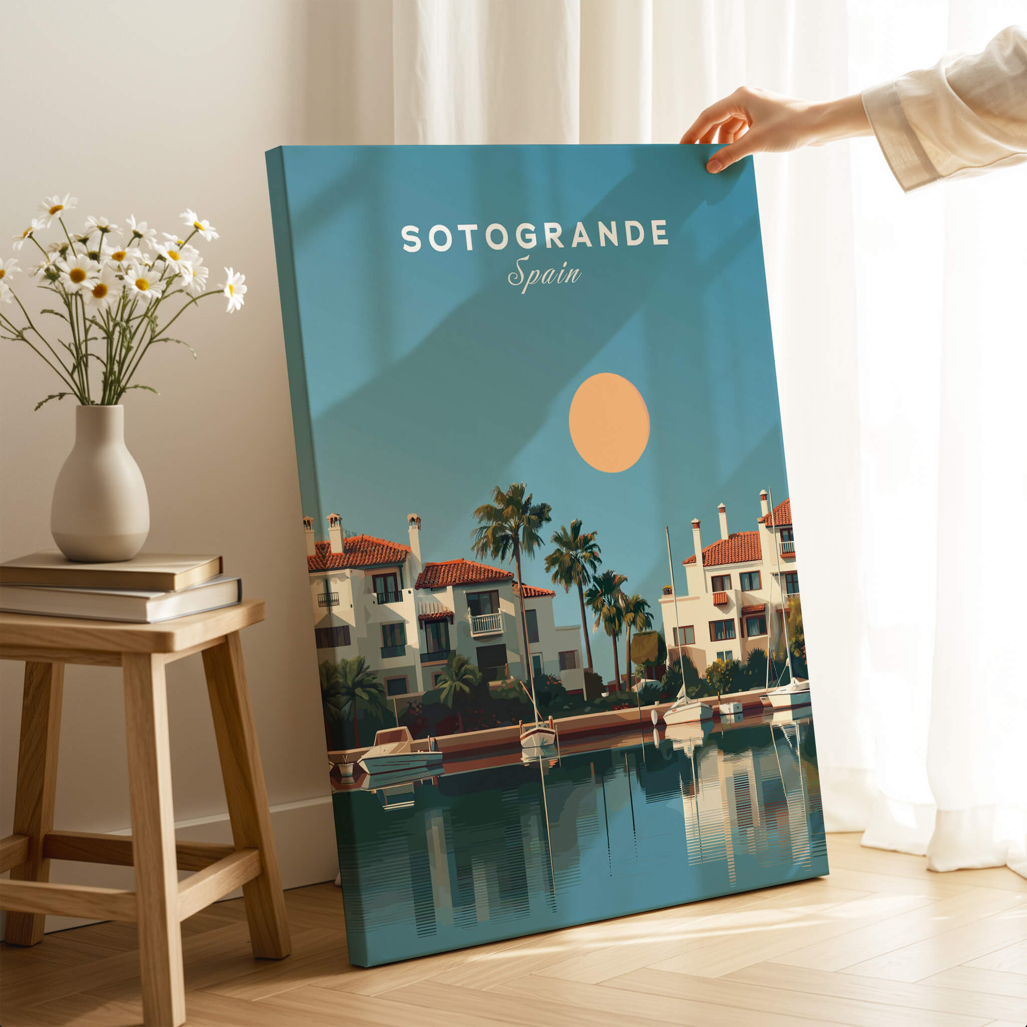 Sotogrande Spain Travel Poster | Luxury Marina & Boats Wall Art Print featuring a serene marina with modern villas.
