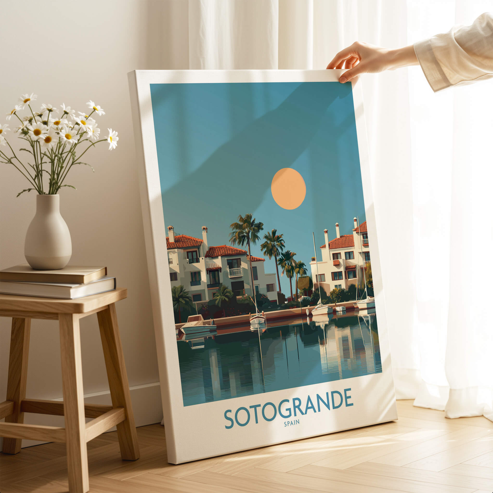 Sotogrande Spain Canvas Print | Mediterranean Waterfront Scenery Poster showcased in a modern room with natural light.