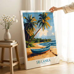 South Asia Travel Poster - Sri Lanka Coastal Print, Island Life Wall Art featuring a beach and palm trees.