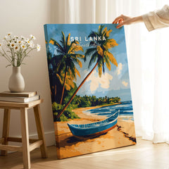 Sri Lanka Beach Scene Art - Tropical Island Print, Palm Tree Wall Decor showcasing vibrant palm trees and a traditional boat by the shore.