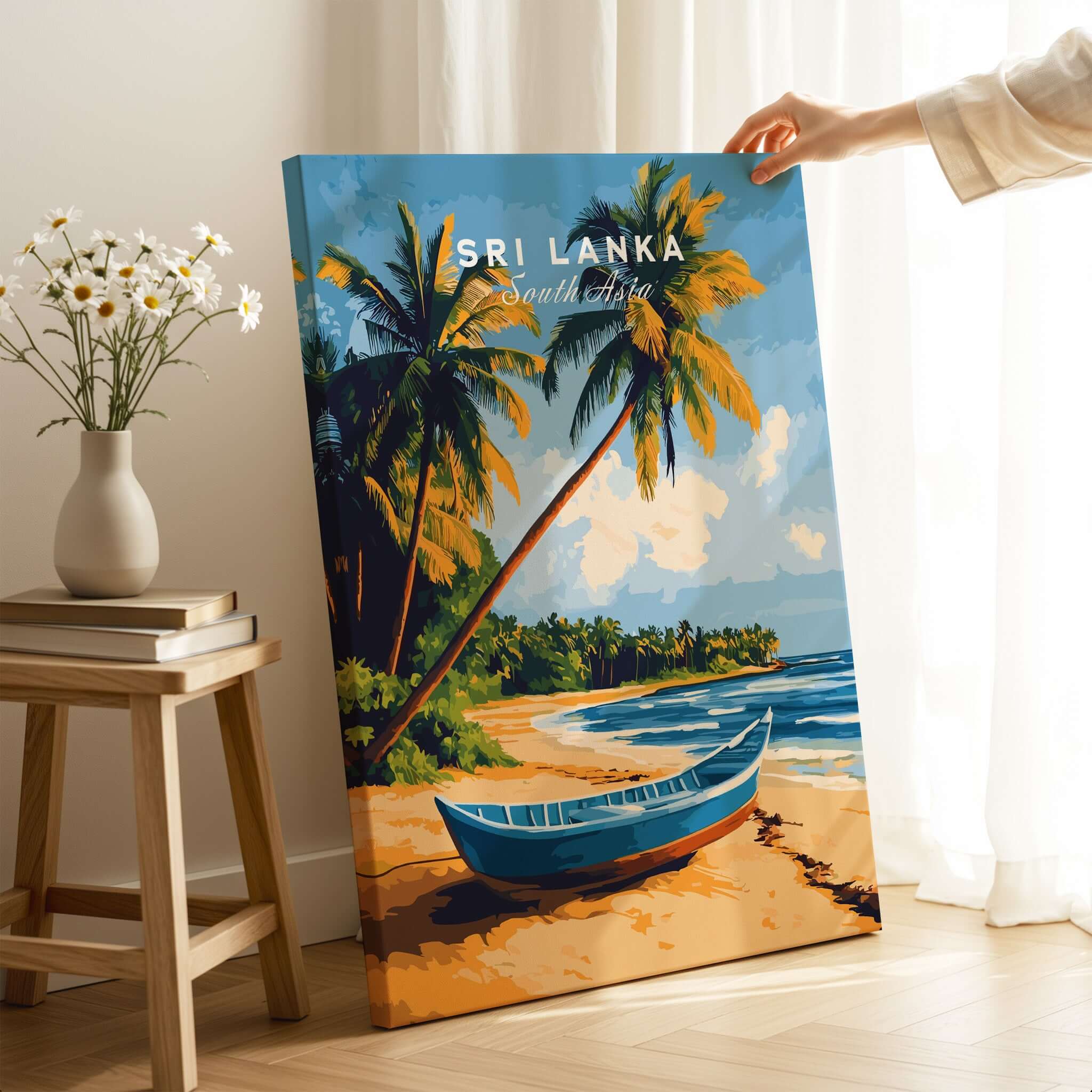 Sri Lanka Beach Scene Art - Tropical Island Print, Palm Tree Wall Decor showcasing vibrant palm trees and a traditional boat by the shore.