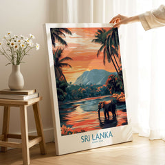 Sri Lanka Nature Art - Elephant in River Poster, Tropical Wildlife Print featuring an elephant in a serene landscape.