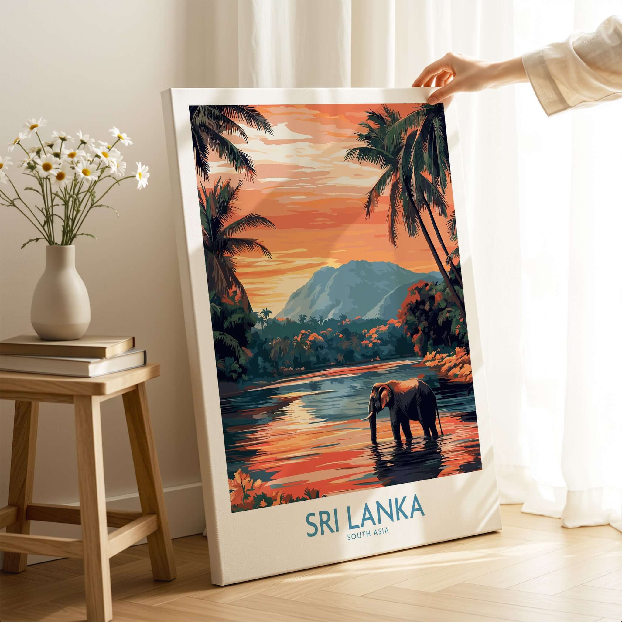 Sri Lanka Nature Art - Elephant in River Poster, Tropical Wildlife Print featuring an elephant in a serene landscape.