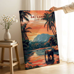 Sri Lanka Elephant Art - South Asia Travel Print, Wildlife Wall Decor featuring an elephant by a serene waterway.