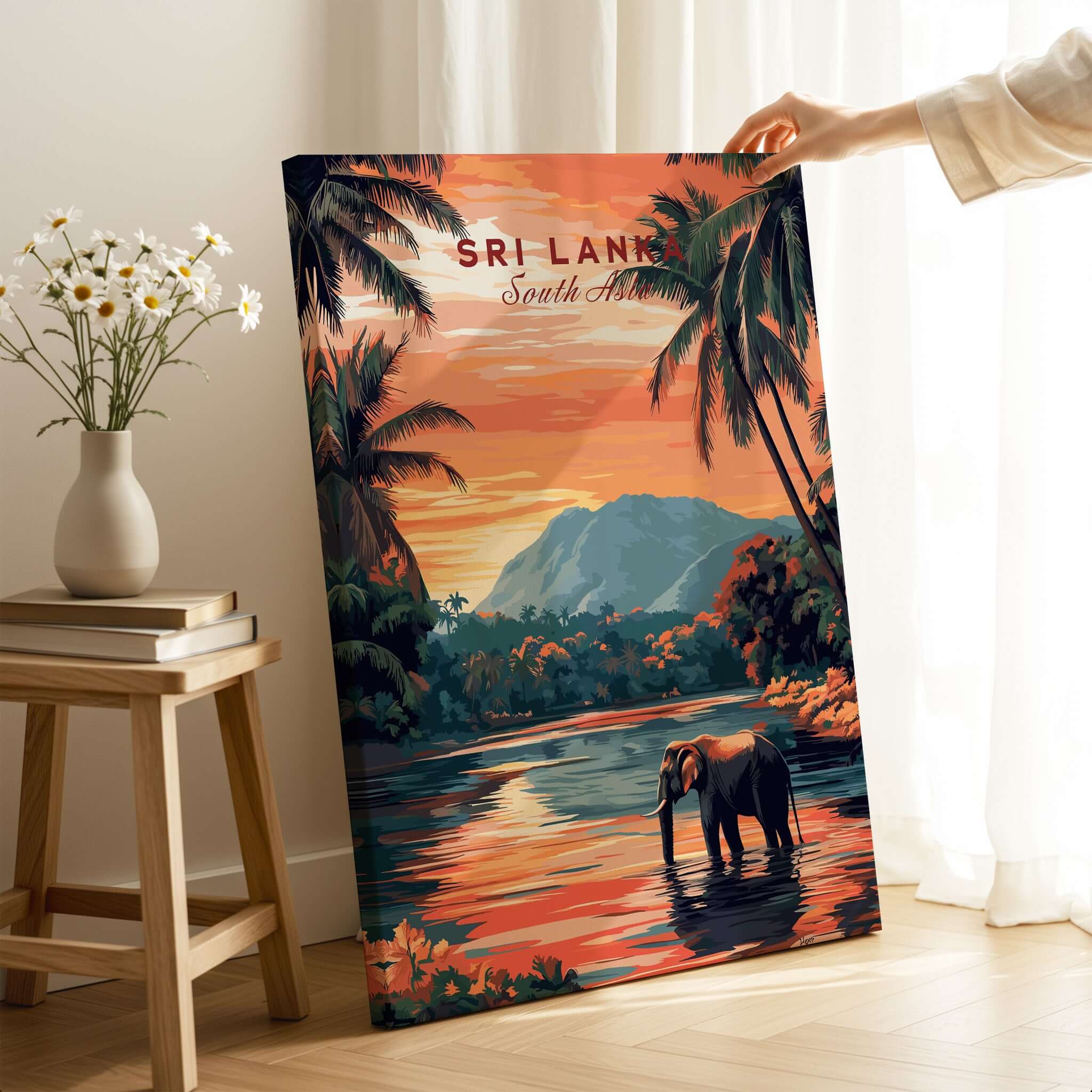 Sri Lanka Elephant Art - South Asia Travel Print, Wildlife Wall Decor featuring an elephant by a serene waterway.
