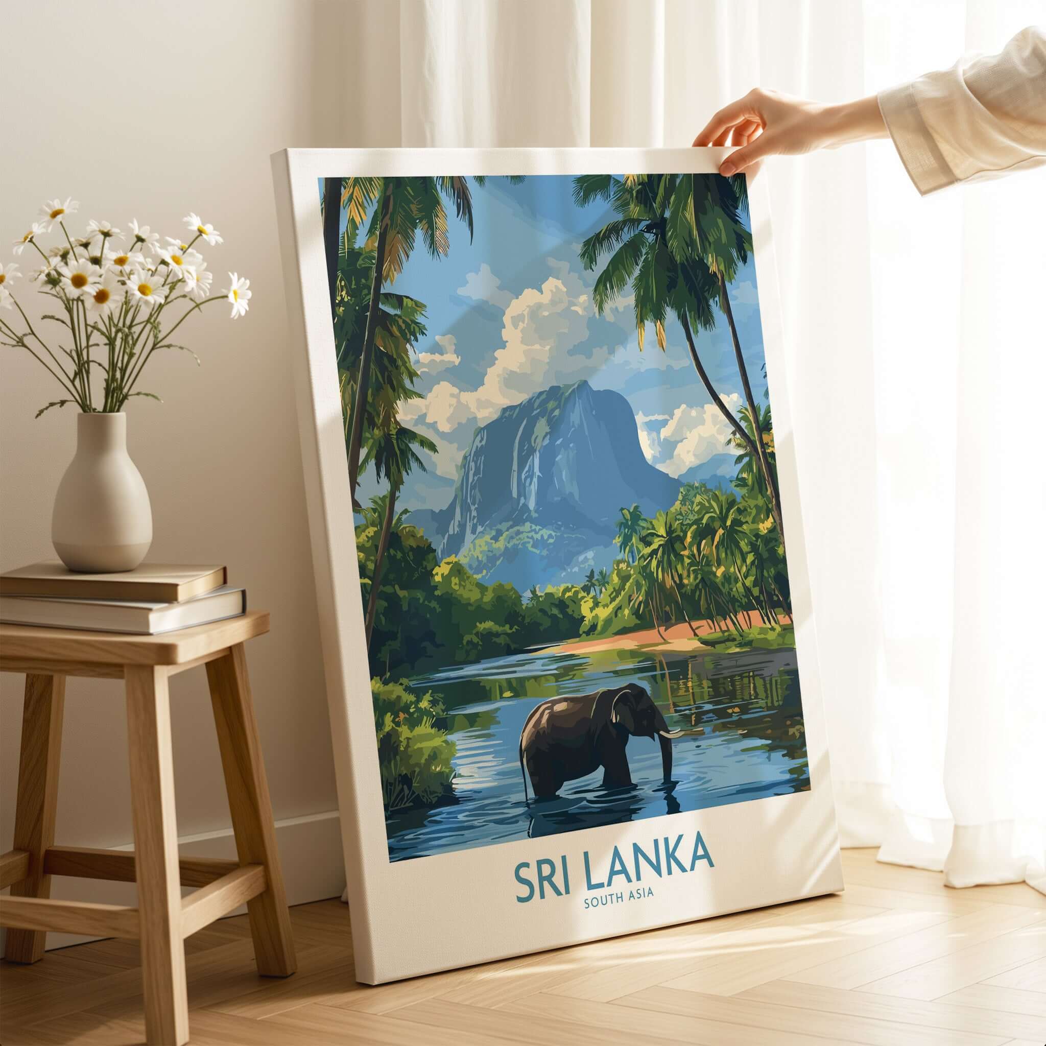 Sri Lanka Tropical Scene Wall Art - Elephant Print, Island Paradise Decor showcasing an elephant in a scenic landscape.