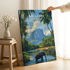 Sri Lanka Wildlife Poster - South Asia Landscape Art, Elephant Mountain View featuring an elephant near water and mountains.