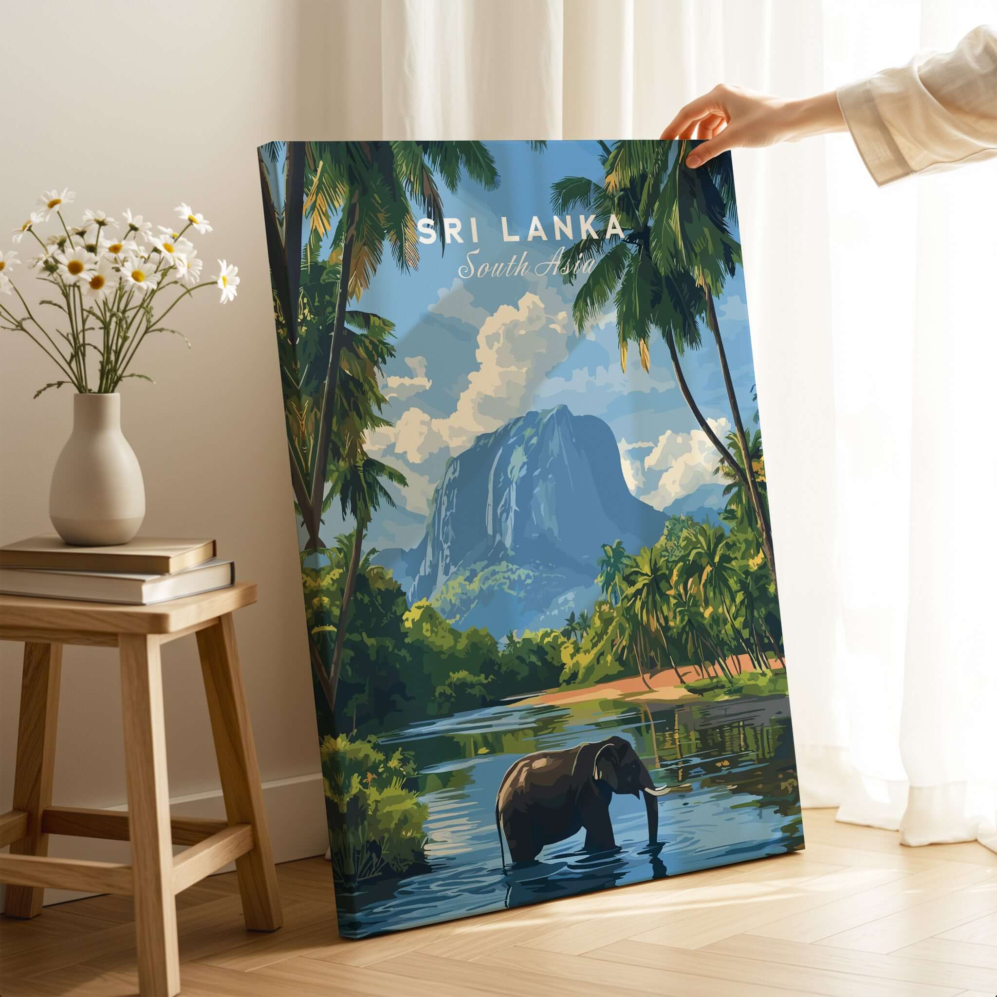 Sri Lanka Wildlife Poster - South Asia Landscape Art, Elephant Mountain View featuring an elephant near water and mountains.