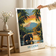 Sri Lanka Travel Art Print - Elephant Swimming Wall Art, Tropical Adventure Scene featuring an elephant in tranquil waters.