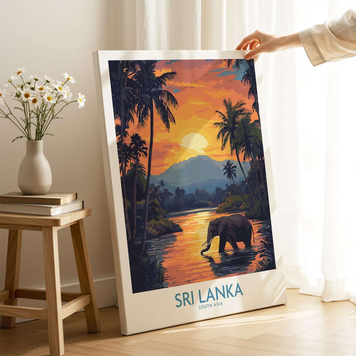 Sri Lanka Poster with Elephant in tropical setting at Sunset - Travel Print