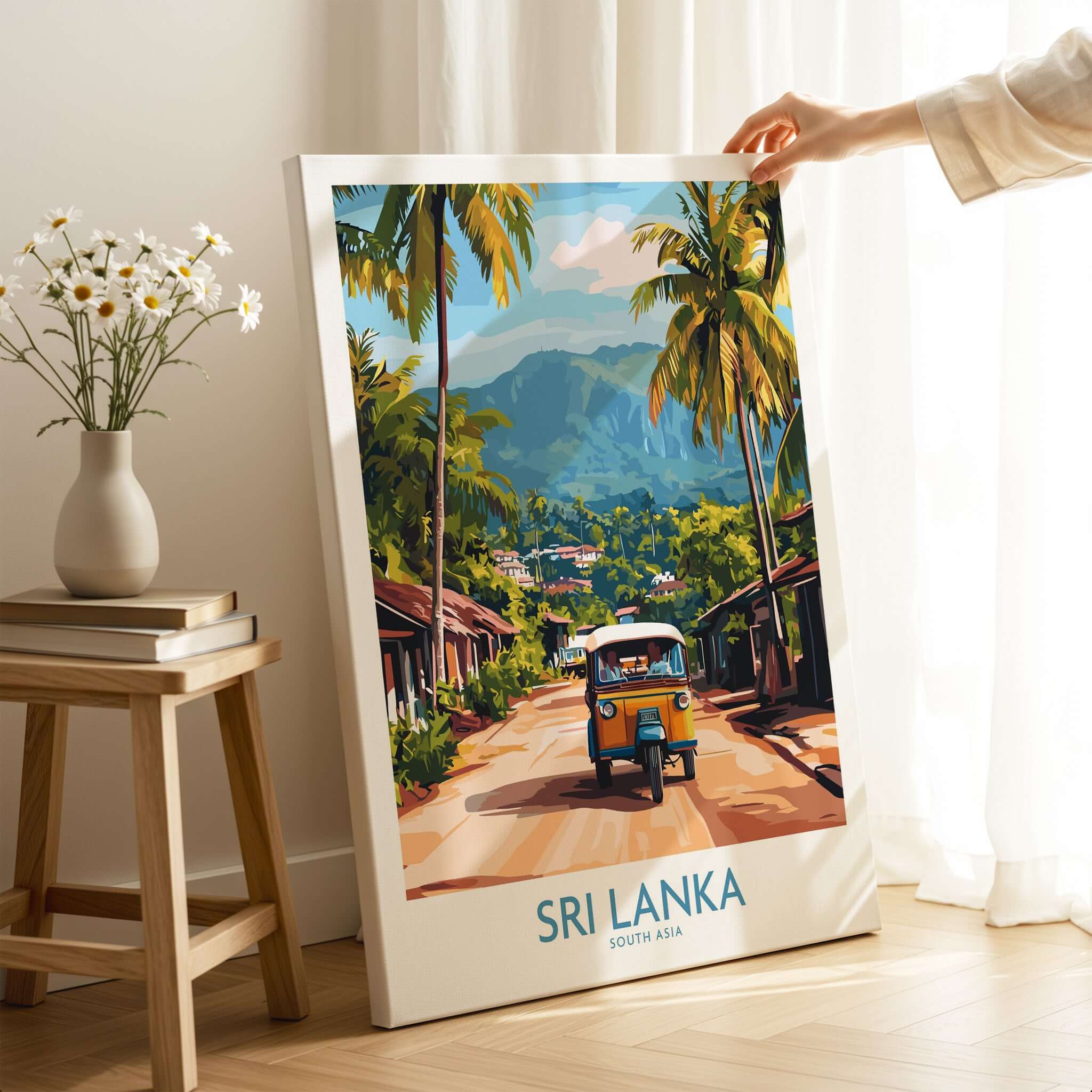 Sri Lanka Wall Art featuring a Tuk-Tuk showcasing vibrant scenery and culture of Sri Lanka.