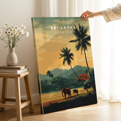 Sri Lanka Wall Art Print | Sunset Elephant Landscape Travel Poster showcasing elephants and palm trees in a serene sunset setting.