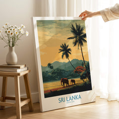 Sri Lanka Poster | Tropical Palm Tree & Elephant Canvas Print featuring elephants and palm trees at sunset.