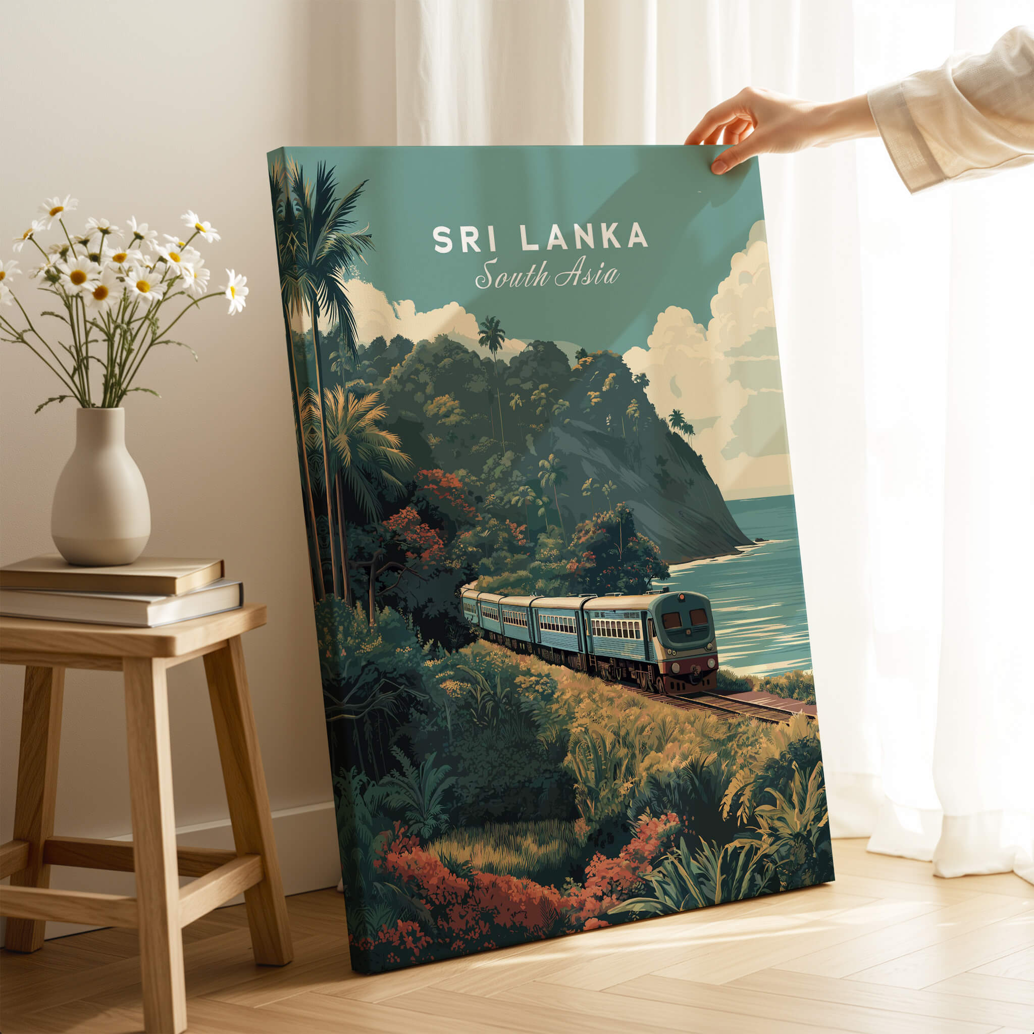 Sri Lanka Wall Art Print | Train Travel Poster featuring a vintage train journeying along the coast.