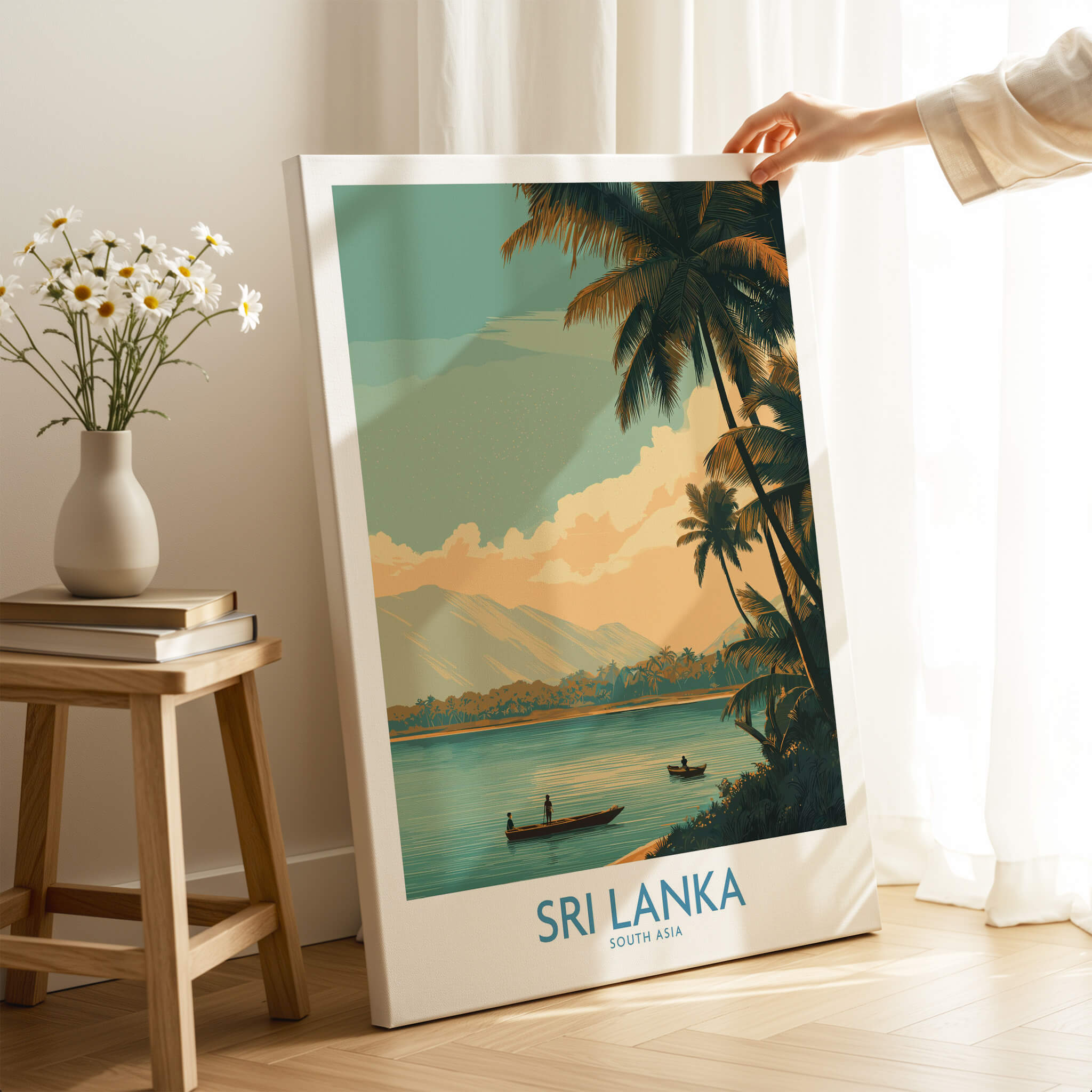 Sri Lanka Canvas Print | Traditional Boat Scene Poster showcasing a serene coastal landscape with palm trees and boats.