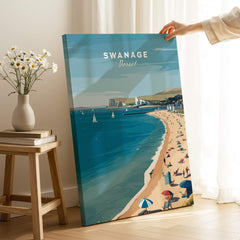 Swanage Dorset Wall Art Print | British Seaside Beach Travel Poster featuring a coastal scene with beachgoers.
