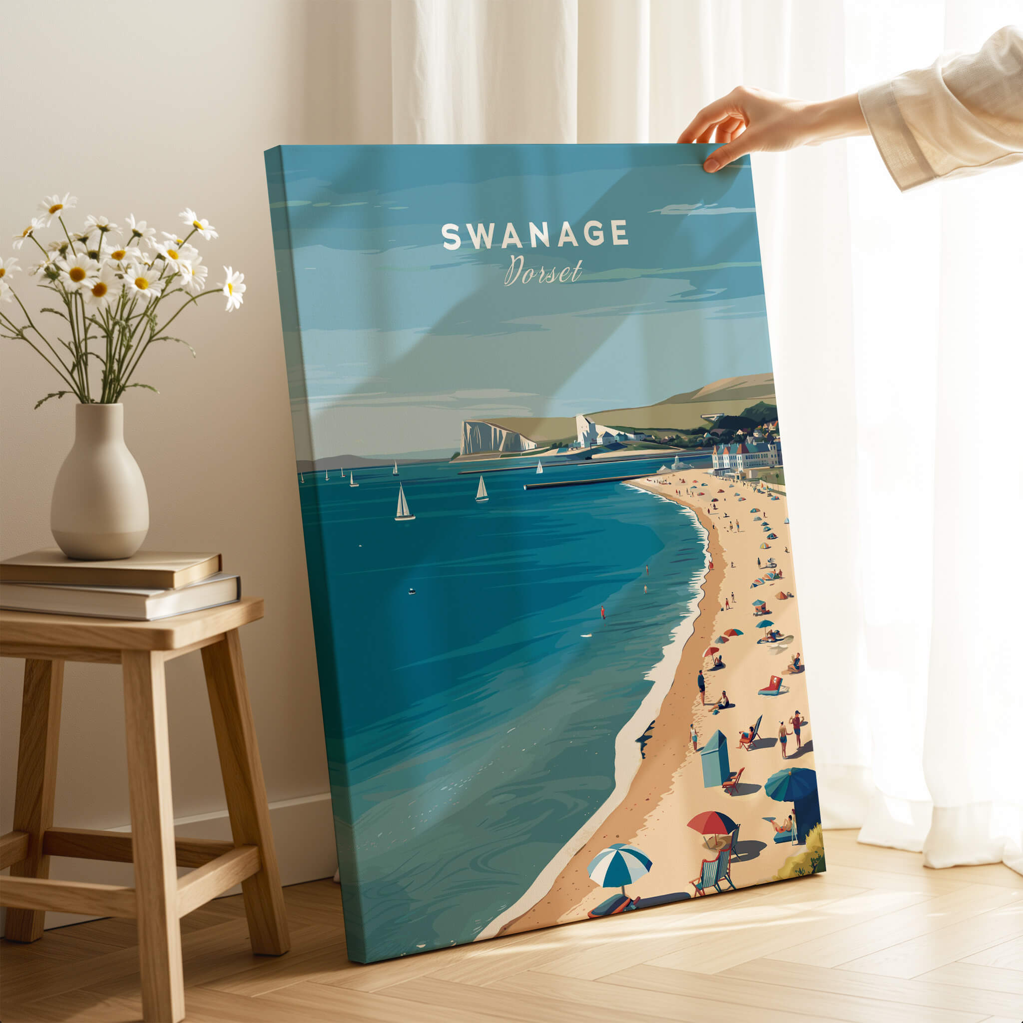 Swanage Dorset Wall Art Print | British Seaside Beach Travel Poster featuring a coastal scene with beachgoers.