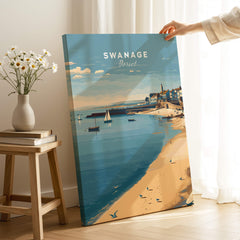 Swanage Dorset Travel Poster | English Coastal Town Wall Art Print featuring serene beach and coastal views.