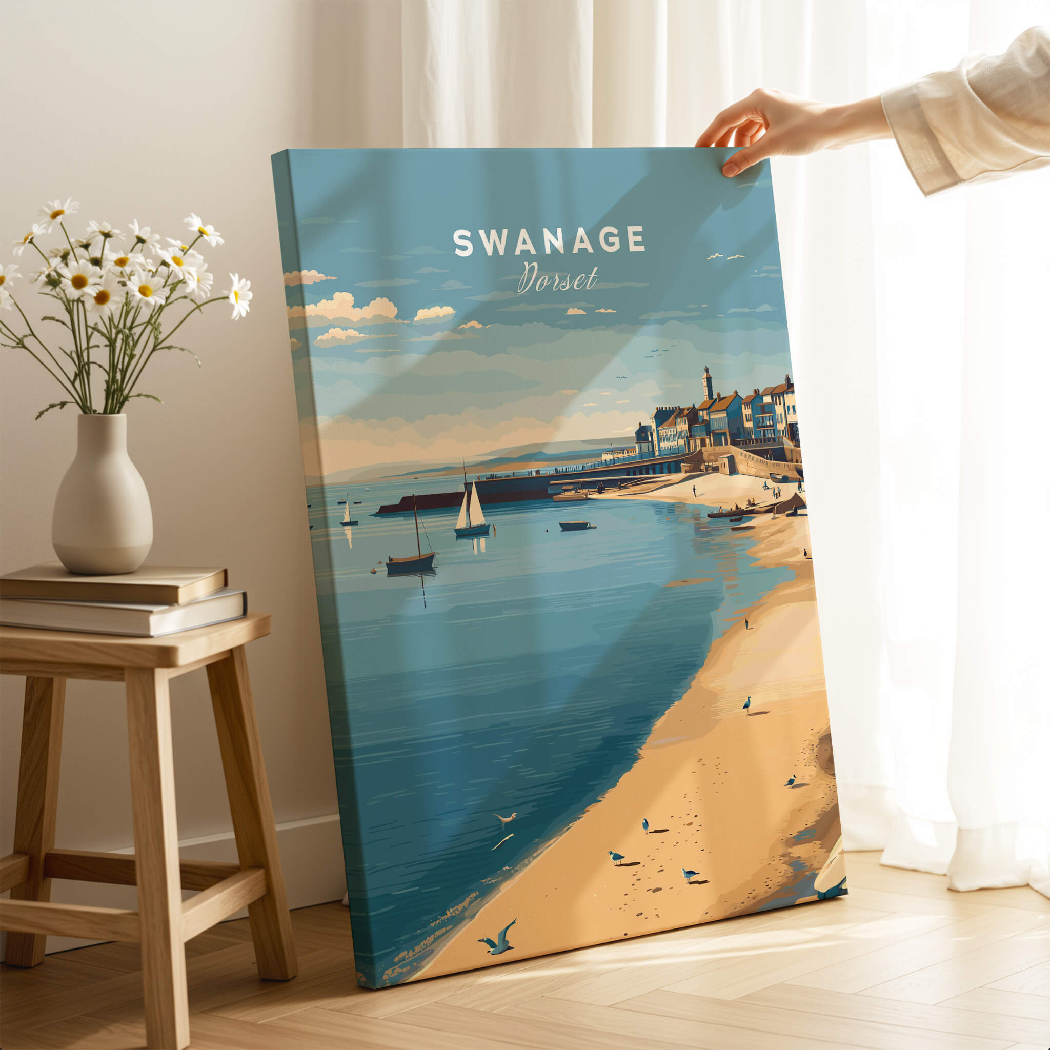 Swanage Dorset Travel Poster | English Coastal Town Wall Art Print featuring serene beach and coastal views.