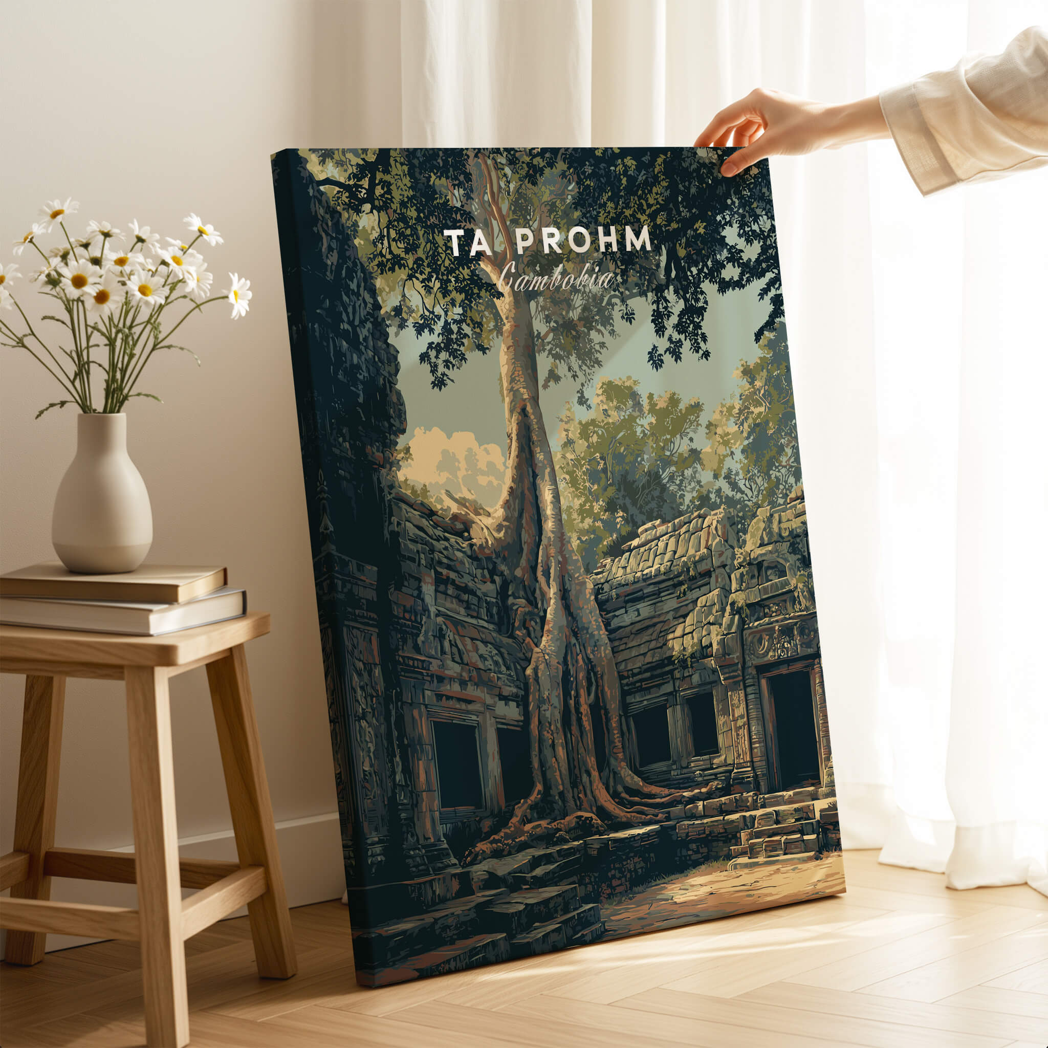 Ta Prohm Cambodia Travel Poster | Ancient Temple Jungle Ruins Wall Art Print featuring entwined trees and ancient architecture.