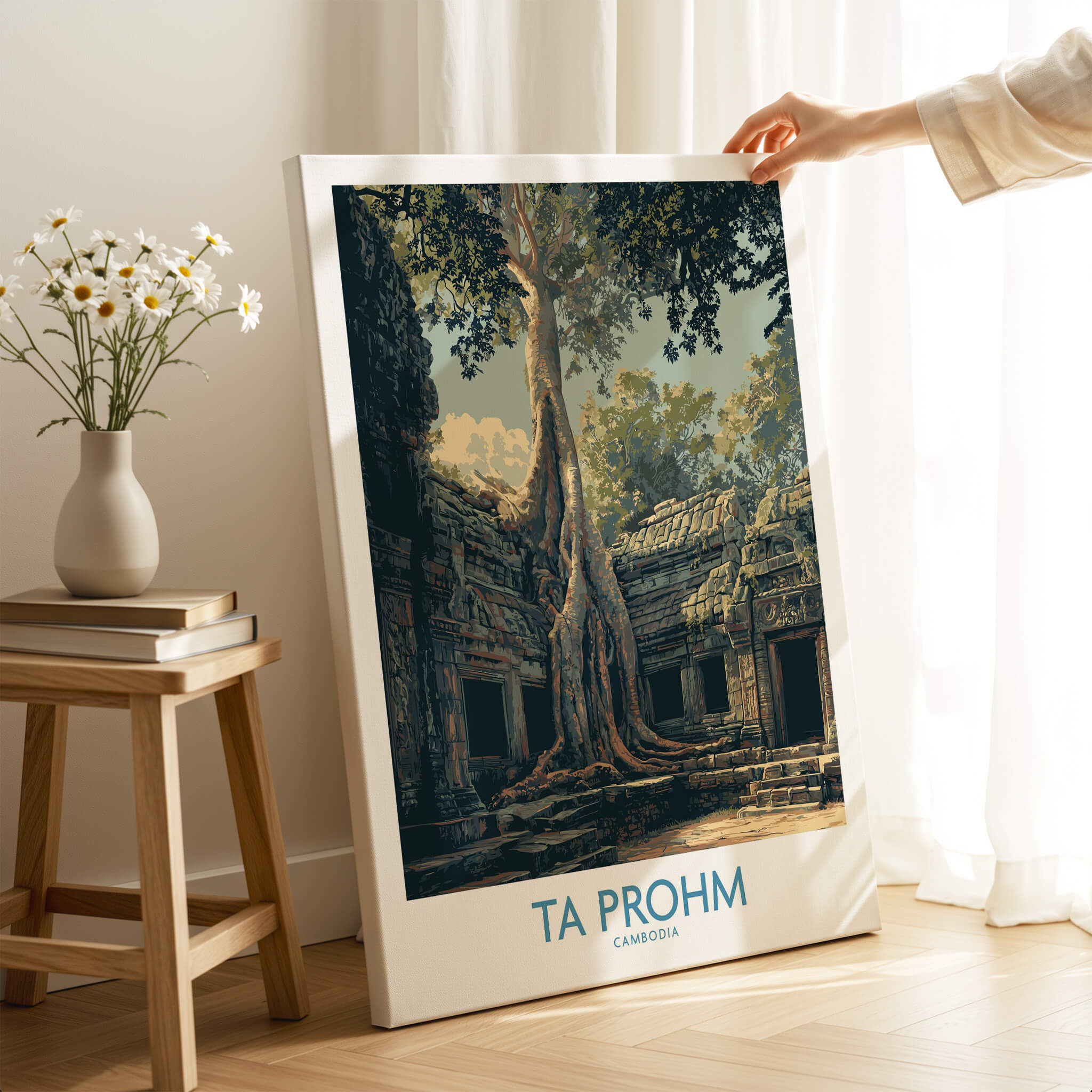Ta Prohm Cambodia Canvas Print | Iconic Tree Root Ruins Poster showcased in a cozy interior setting.