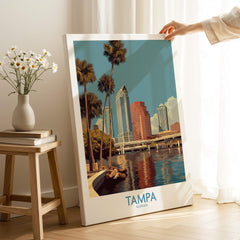 Tampa Florida Poster | Waterfront Sunset Cityscape Canvas Print showcasing Tampa's skyline and waterfront reflection.