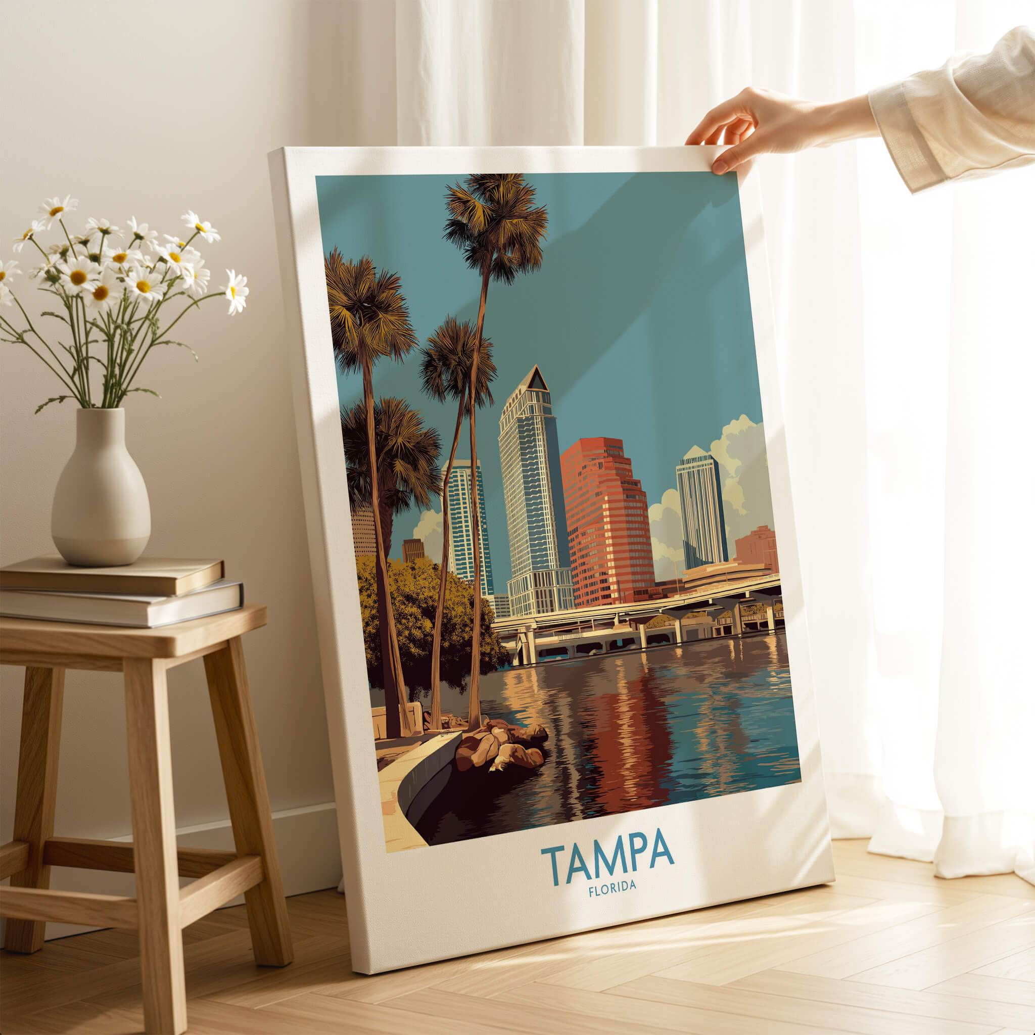 Tampa Florida Poster | Waterfront Sunset Cityscape Canvas Print showcasing Tampa's skyline and waterfront reflection.