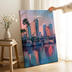 Tampa Florida Travel Poster | Marina Harbor & Skyline Wall Art Print displayed in a modern living room setting.
