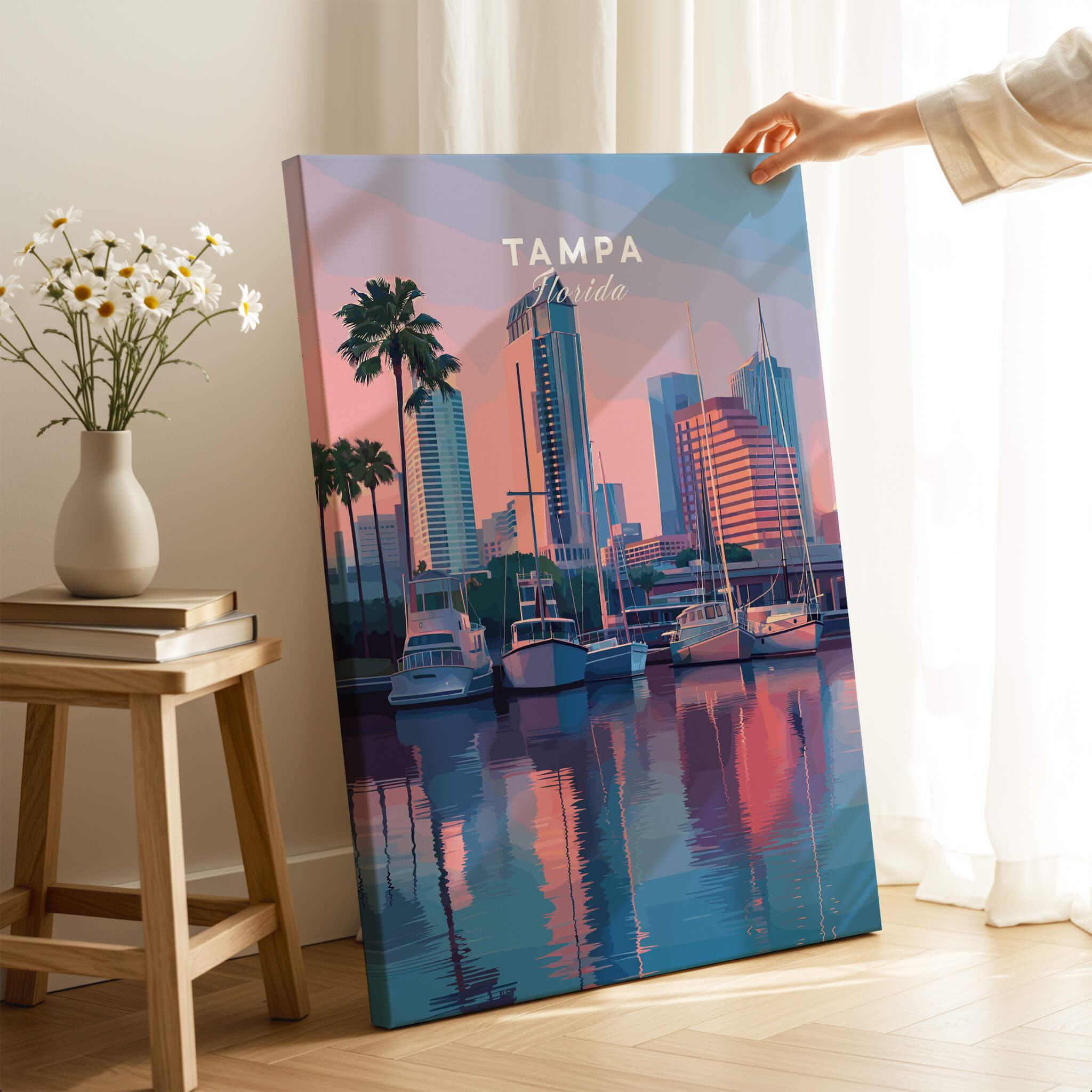 Tampa Florida Travel Poster | Marina Harbor & Skyline Wall Art Print displayed in a modern living room setting.