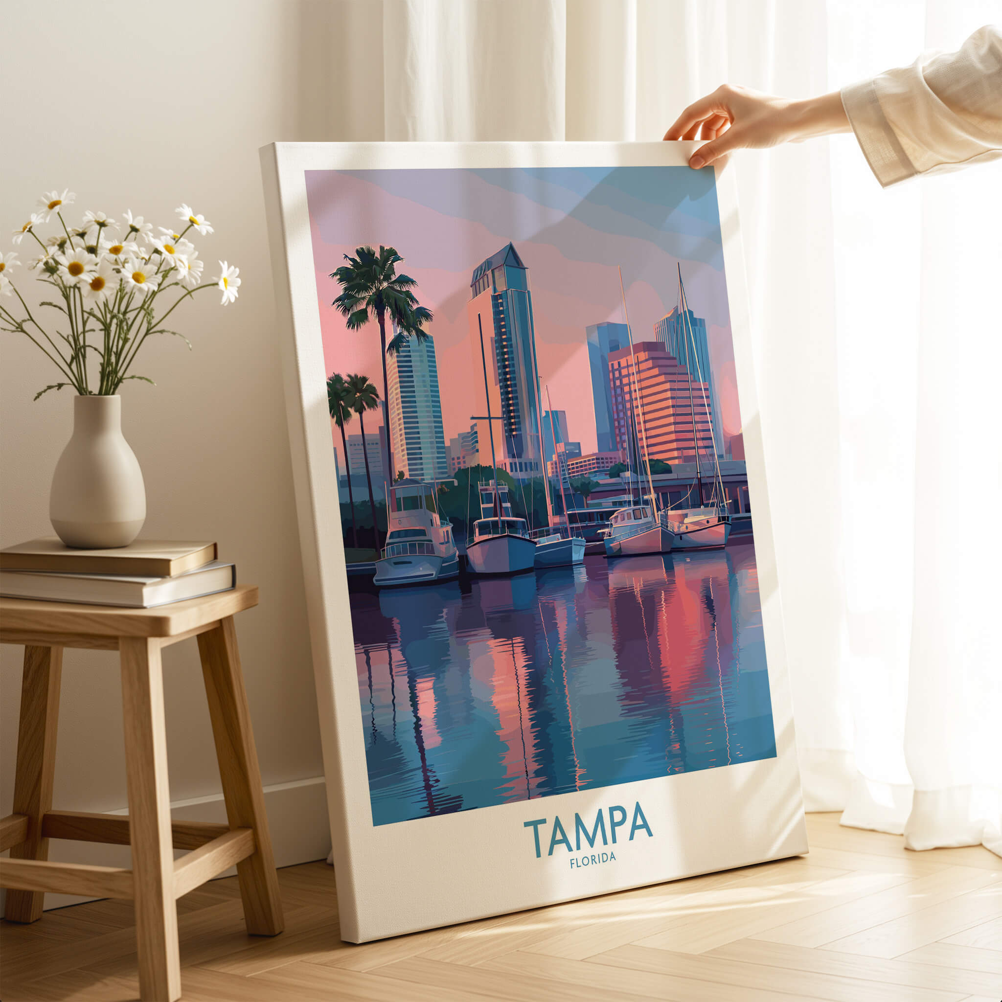 Tampa Florida Canvas Print | Sunset Bay & Sailboat Landscape Poster displayed in a modern interior setting.