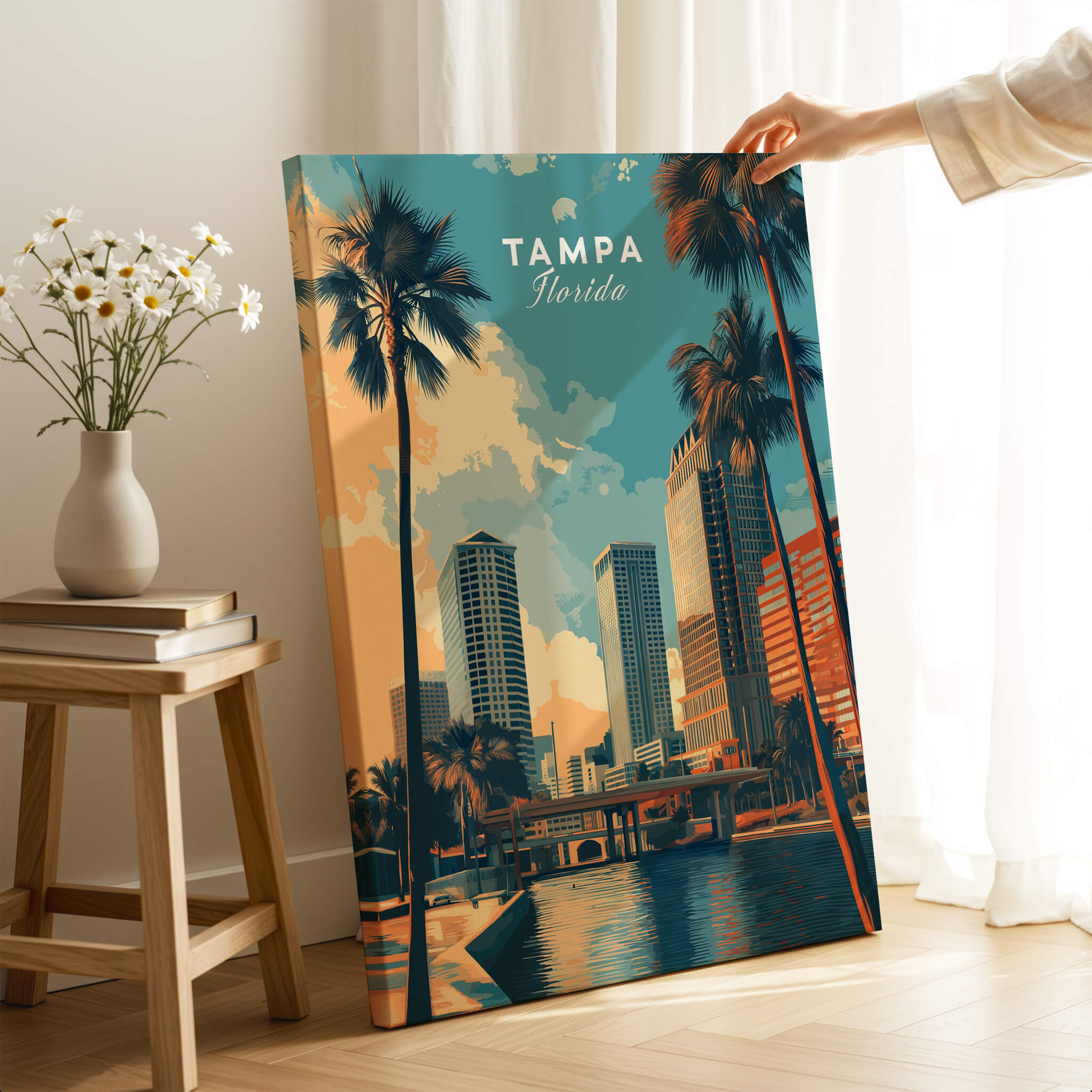Tampa Florida Wall Art Print | Palm Trees & Modern Skyline Travel Poster showcasing vibrant palm trees and skyline.