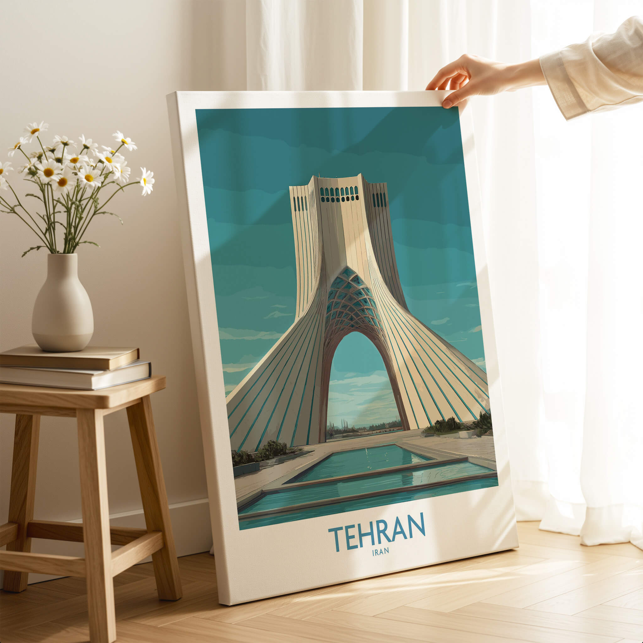 Tehran Poster Iran | Azadi Tower Sunset Architecture Canvas Print displayed in a stylish interior with floral decor.