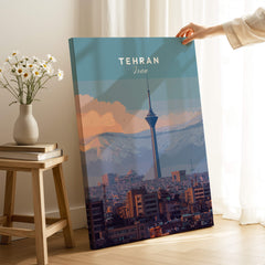 Tehran Iran Travel Poster | Alborz Mountains Skyline Wall Art Print showcasing the city and mountains.