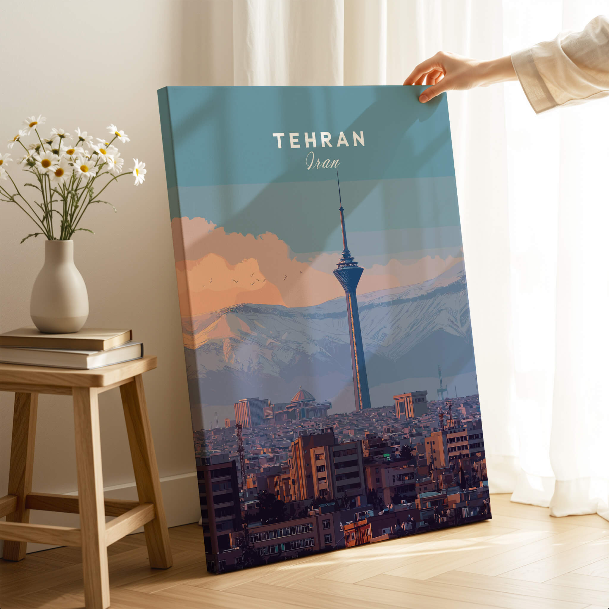 Tehran Iran Travel Poster | Alborz Mountains Skyline Wall Art Print showcasing the city and mountains.