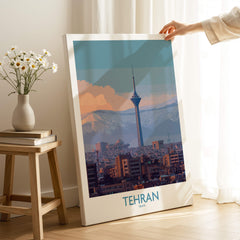 Tehran Iran Canvas Print | Evening City Landscape Poster displayed in a cozy interior.